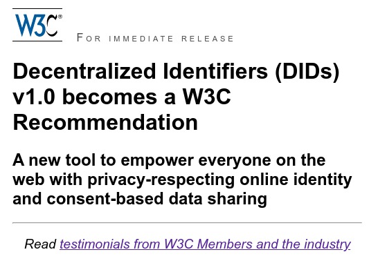 A picture of the DID Recommendation press release with an overlay noting that there were 43 testimonials, the most testimonials for a press release in W3C history